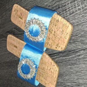 Blue Satin Slide Sandals with Crystal Embellishment- W Sz 10